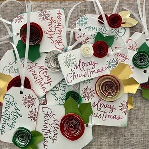 Festive Merry Christmas Gift Tags with Floral Accents. Handmade. Set of 6